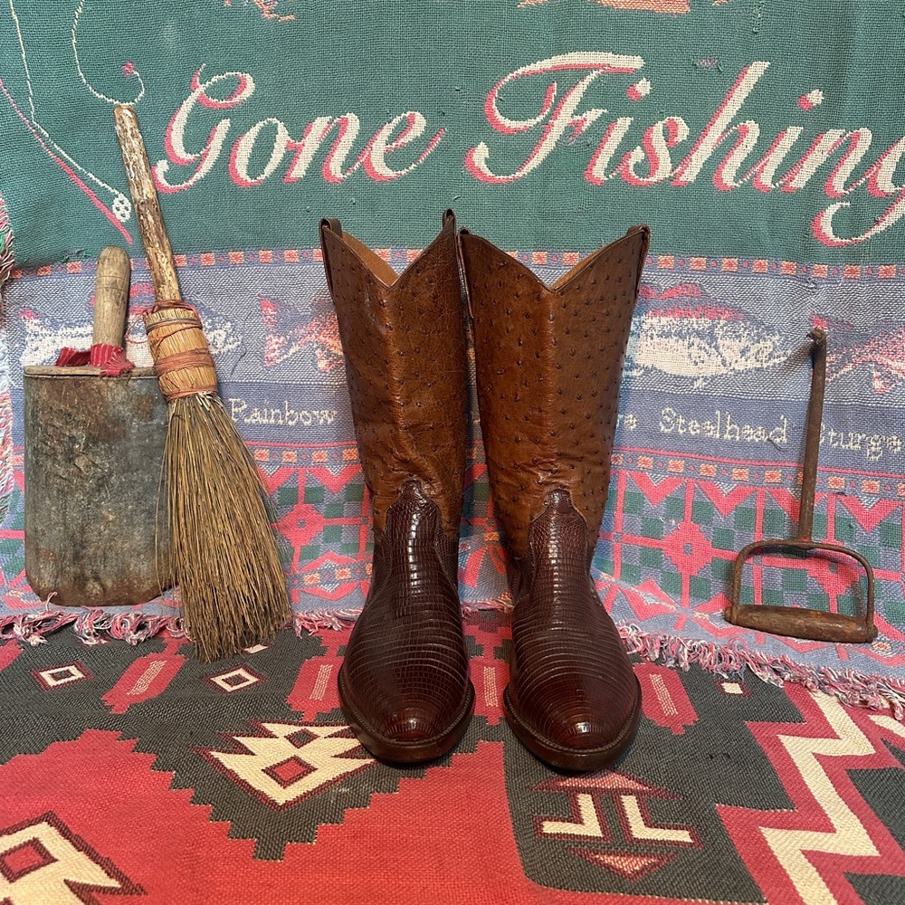 Vintage Italian Ostrich & Lizard Skin Cowboy Boots Botticelli Men’s Size 11